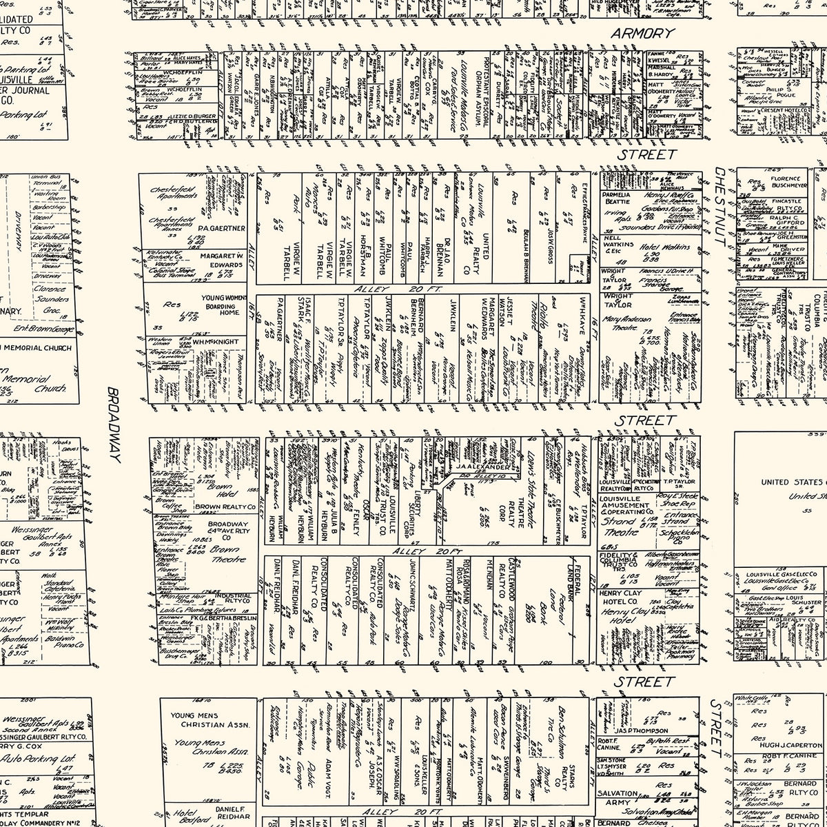 Restored historic details from the 1929 city map of Louisvillle, Kentucky