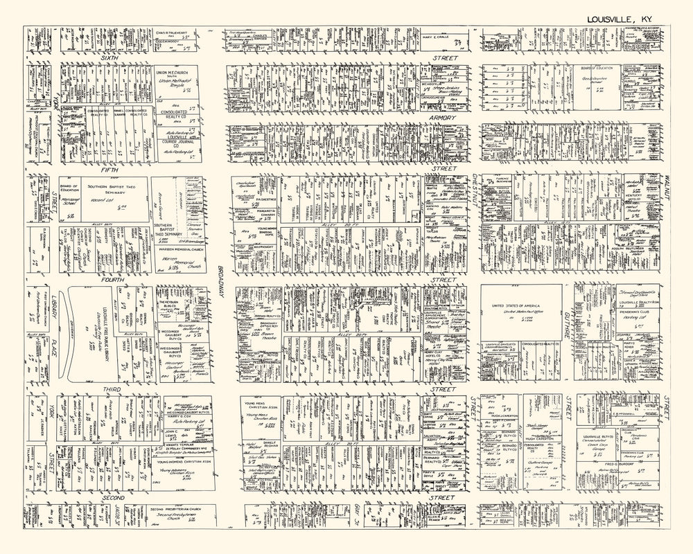 Vintage Map of Louisvillle, KY Business Section 1929 print style example
