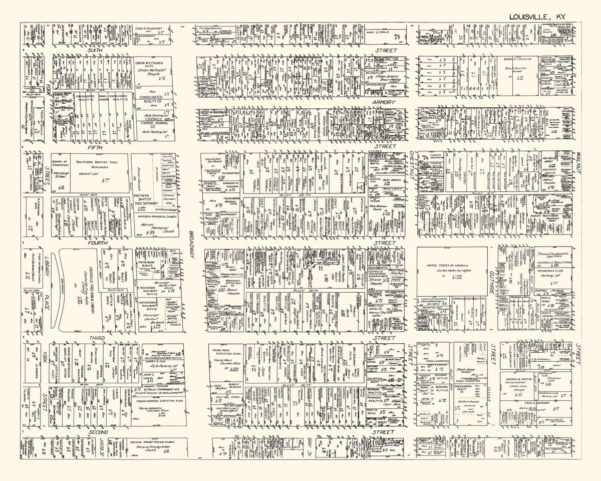 Preview of Vintage Map of Louisvillle, KY Business Section 1929