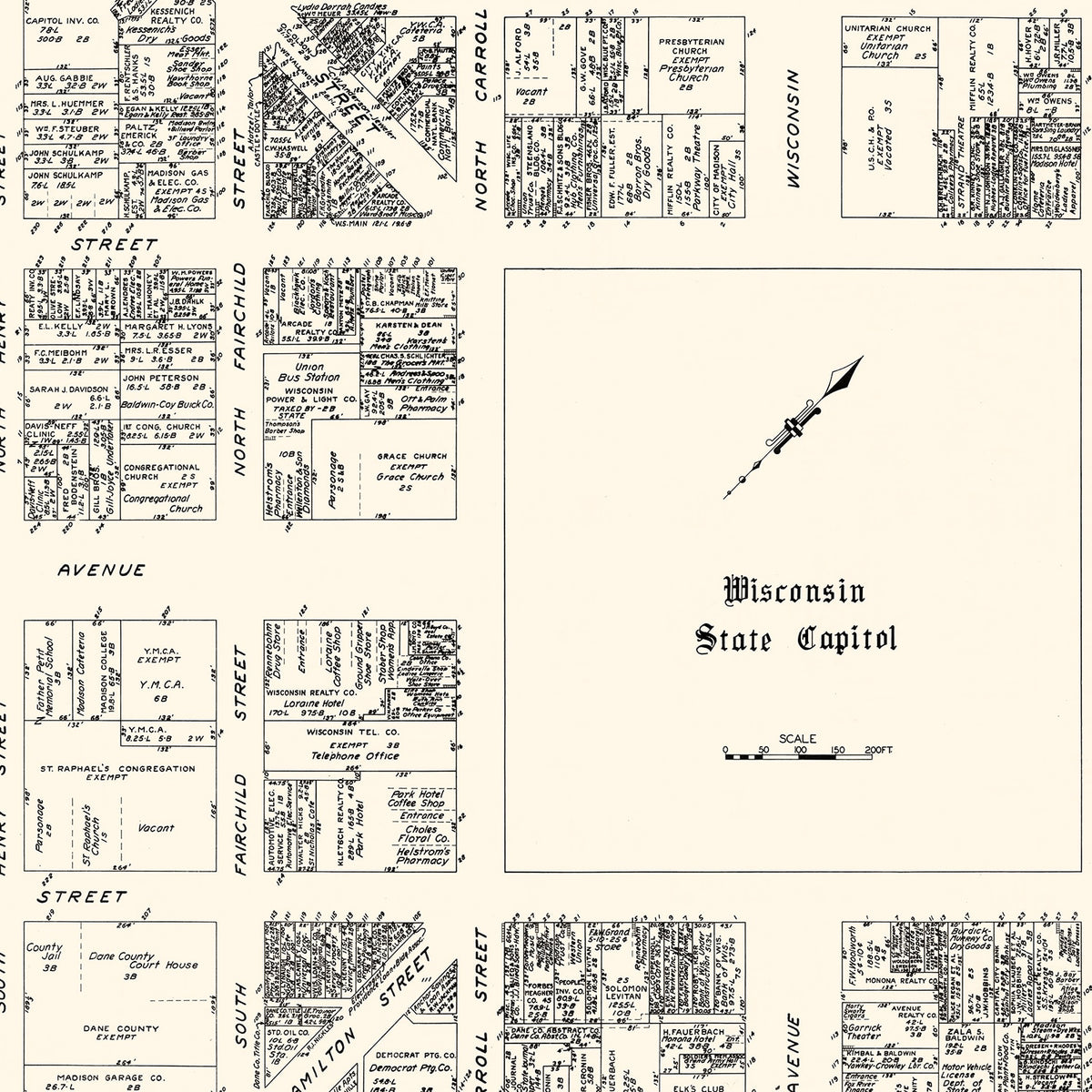 Restored historic details from the 1929 city map of Madison, Wisconsin