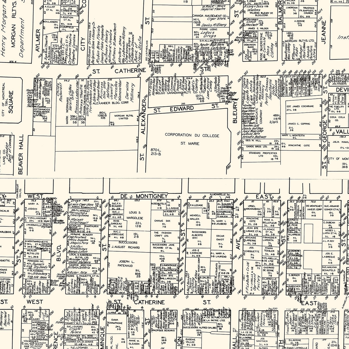 Restored historic details from the 1929 city map of Montreal
