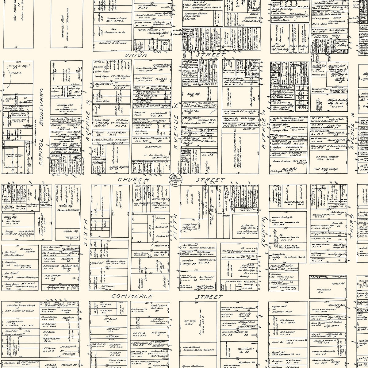 Restored historic details from the 1929 city map of Nashville, Tennessee