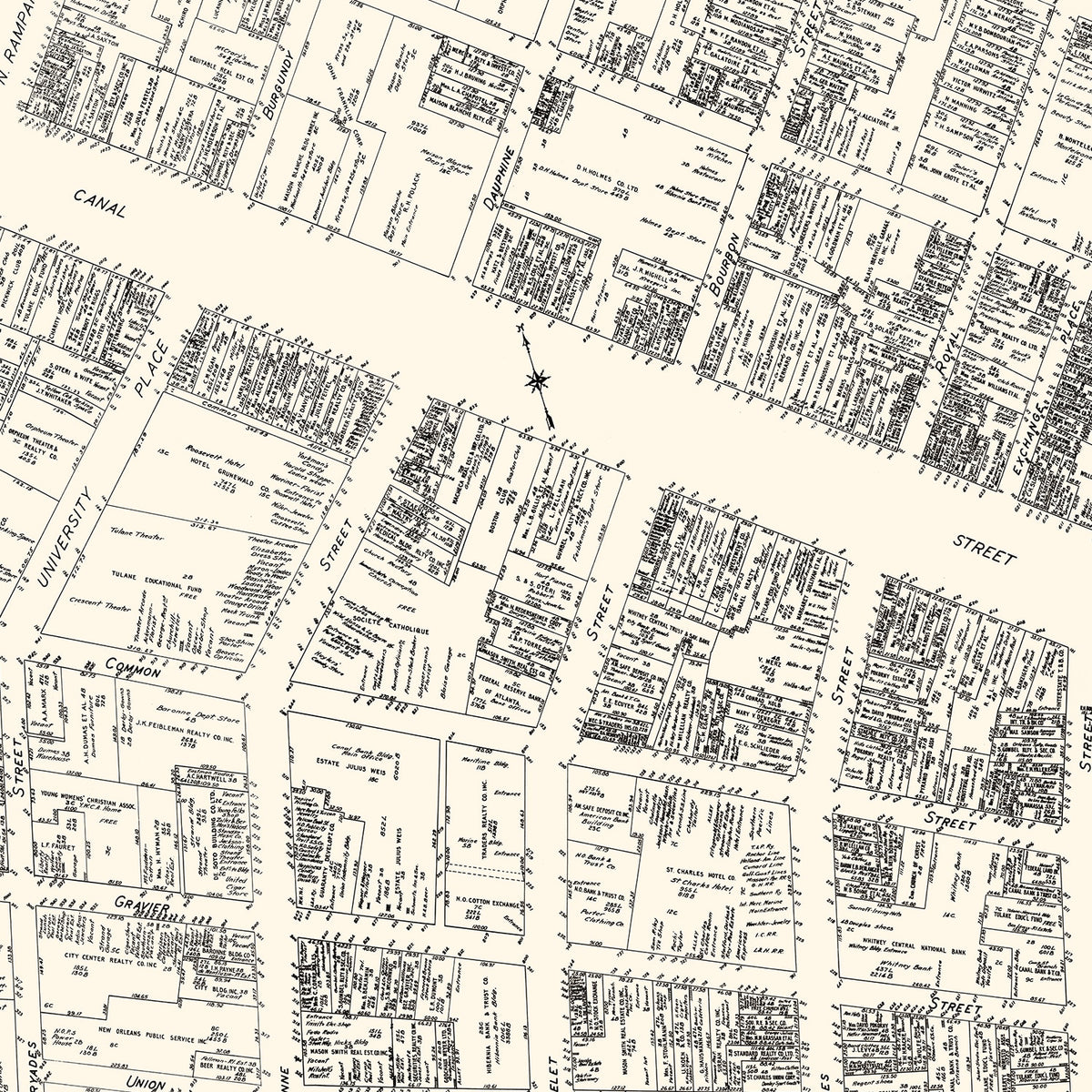 Restored historic details from the 1929 city map of New Orleans, Louisiana