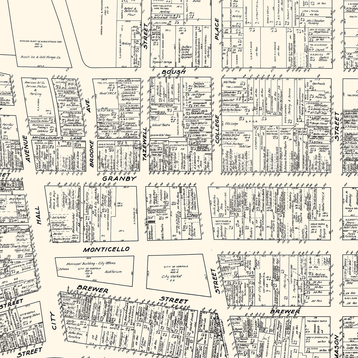 Restored historic details from the 1929 city map of Norfolk, Virginia
