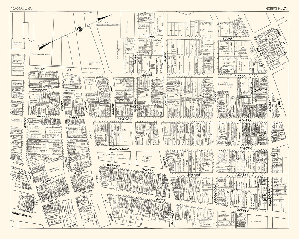 Vintage Map of Norfolk, VA Business Section 1929 print style example