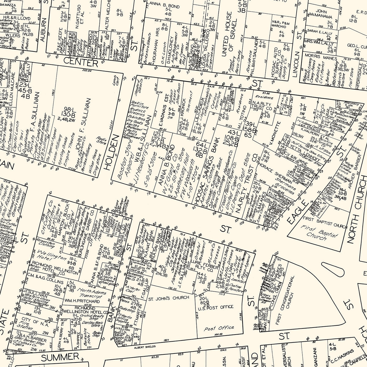 Restored historic details from the 1929 city map of North Adams, Massachusetts