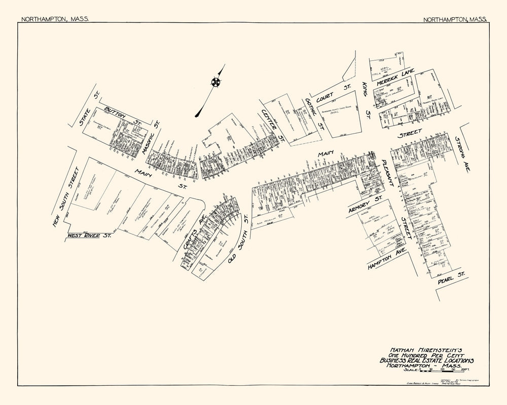 Vintage Map of Northampton, MA Business Section 1929 print style example