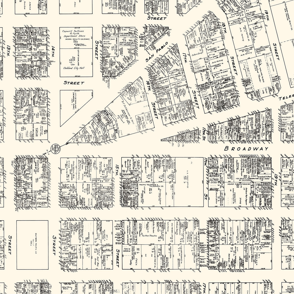 Restored historic details from the 1929 city map of Oakland, California