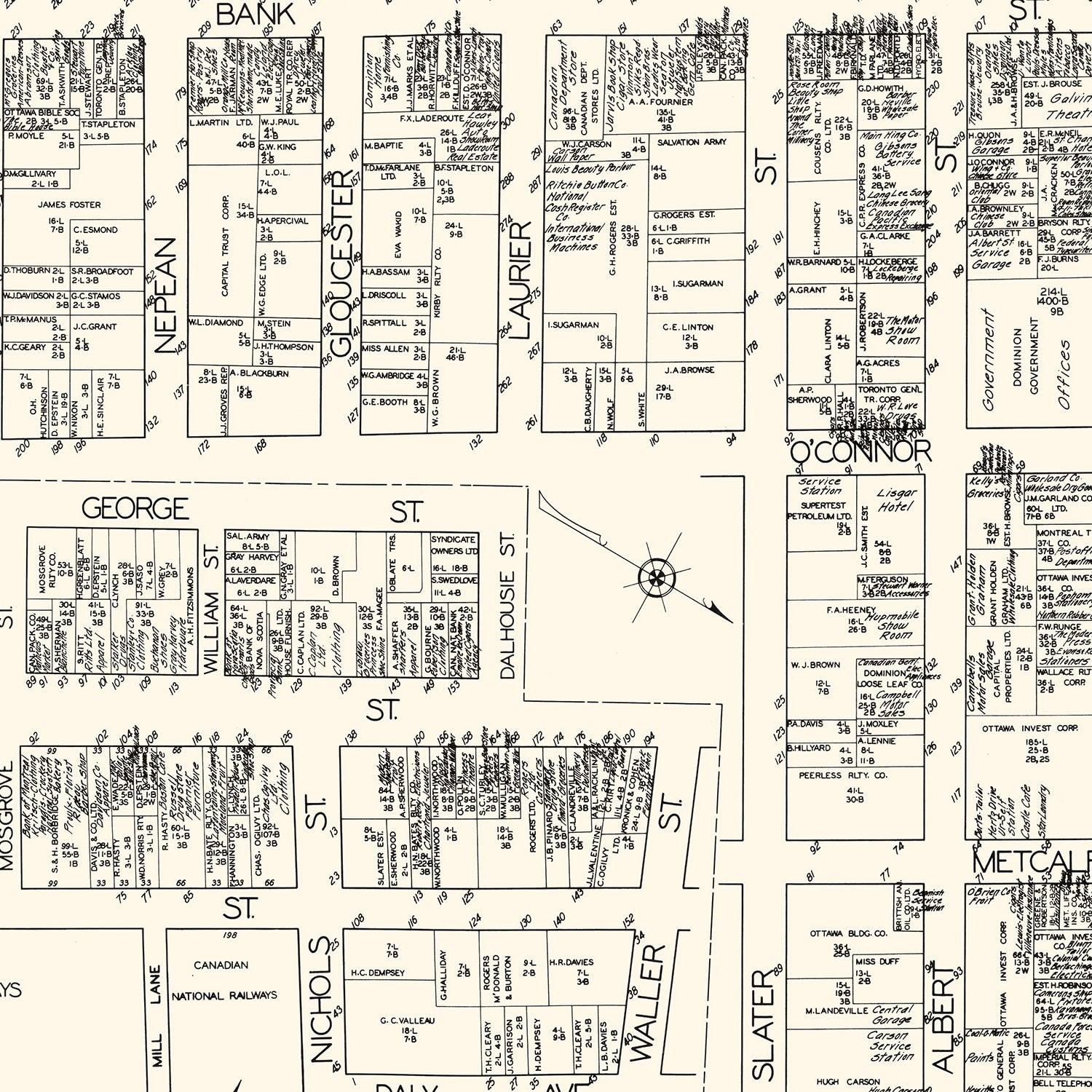Restored historic details from the 1929 city map of Ottawa