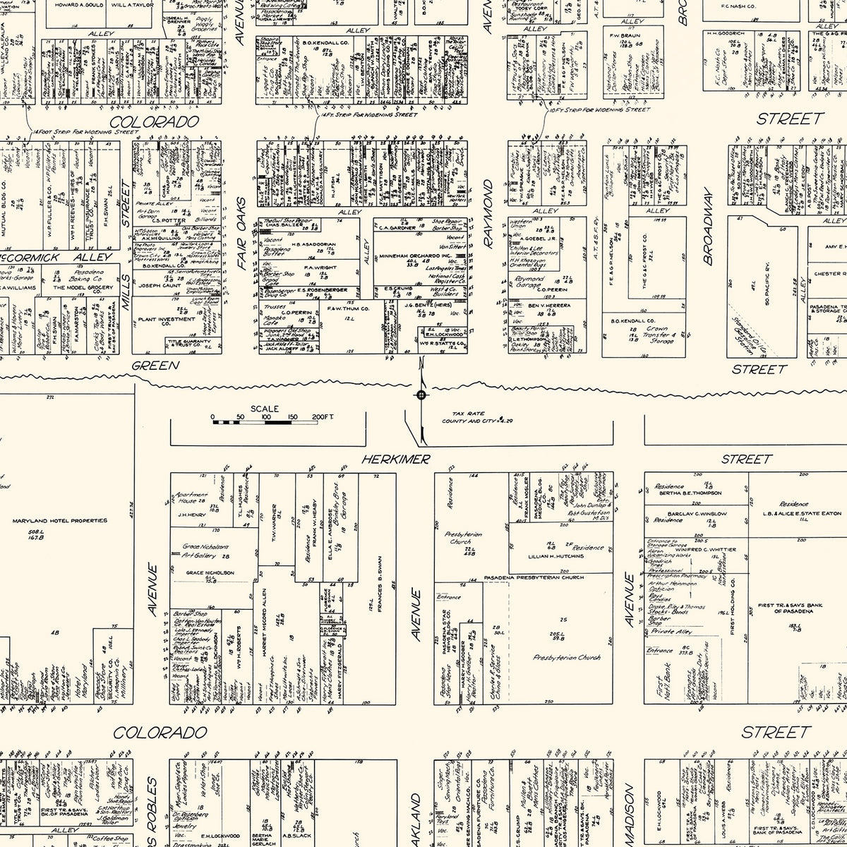 Restored historic details from the 1929 city map of Pasadena, California