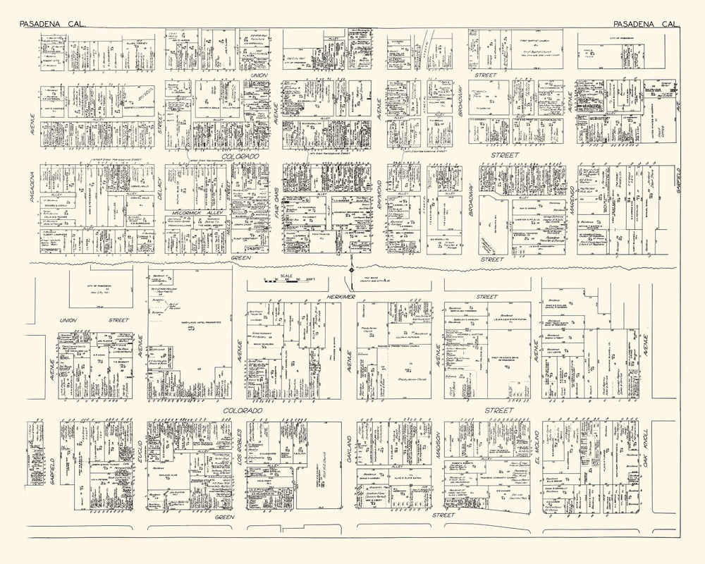 Vintage Map of Pasadena, CA Business Section 1929 print style example