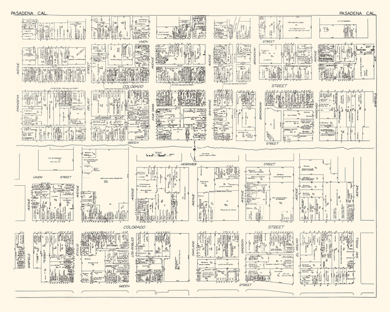 Size comparison using Vintage Map of Pasadena, CA Business Section 1929