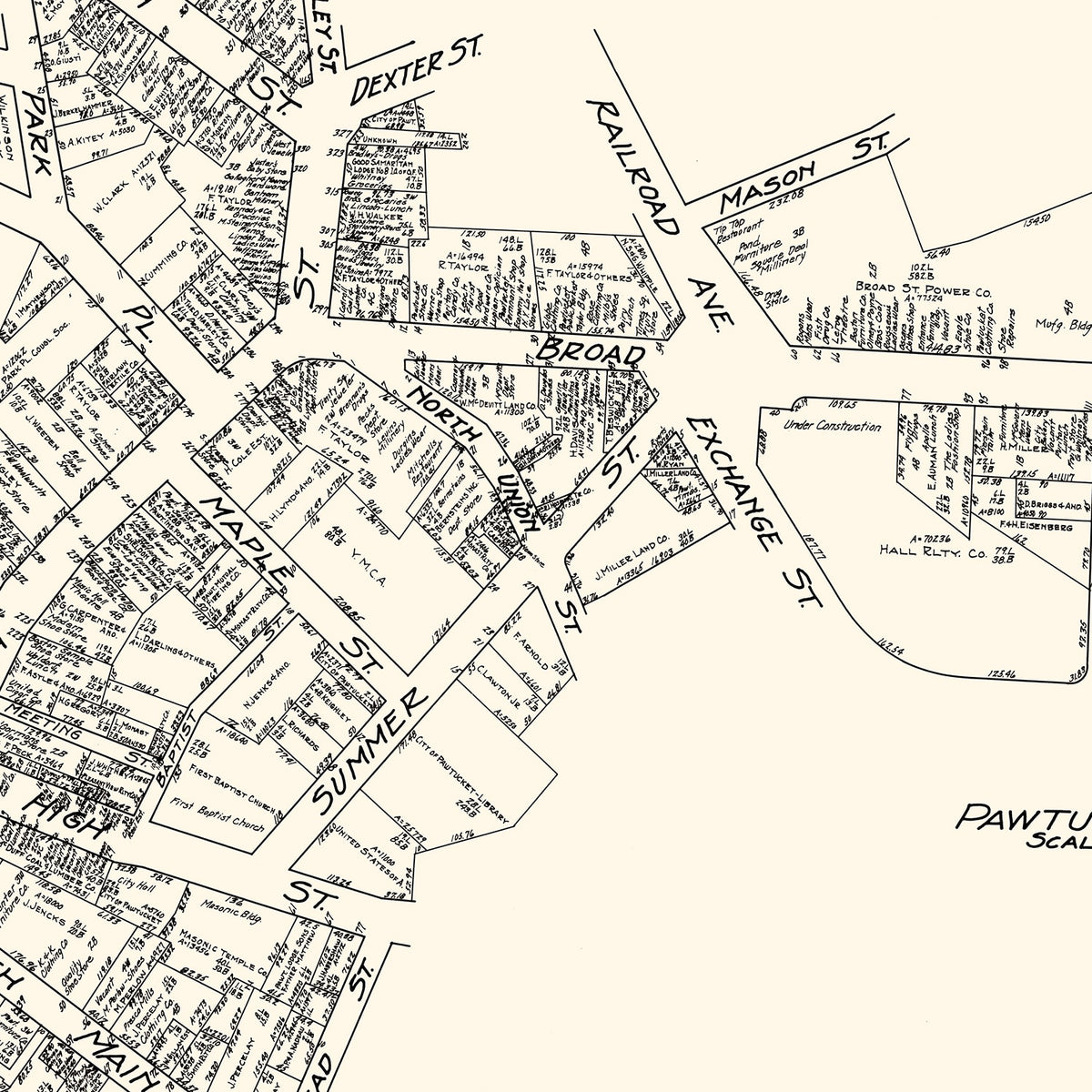 Restored historic details from the 1929 city map of Pawtucket, Rhode Island