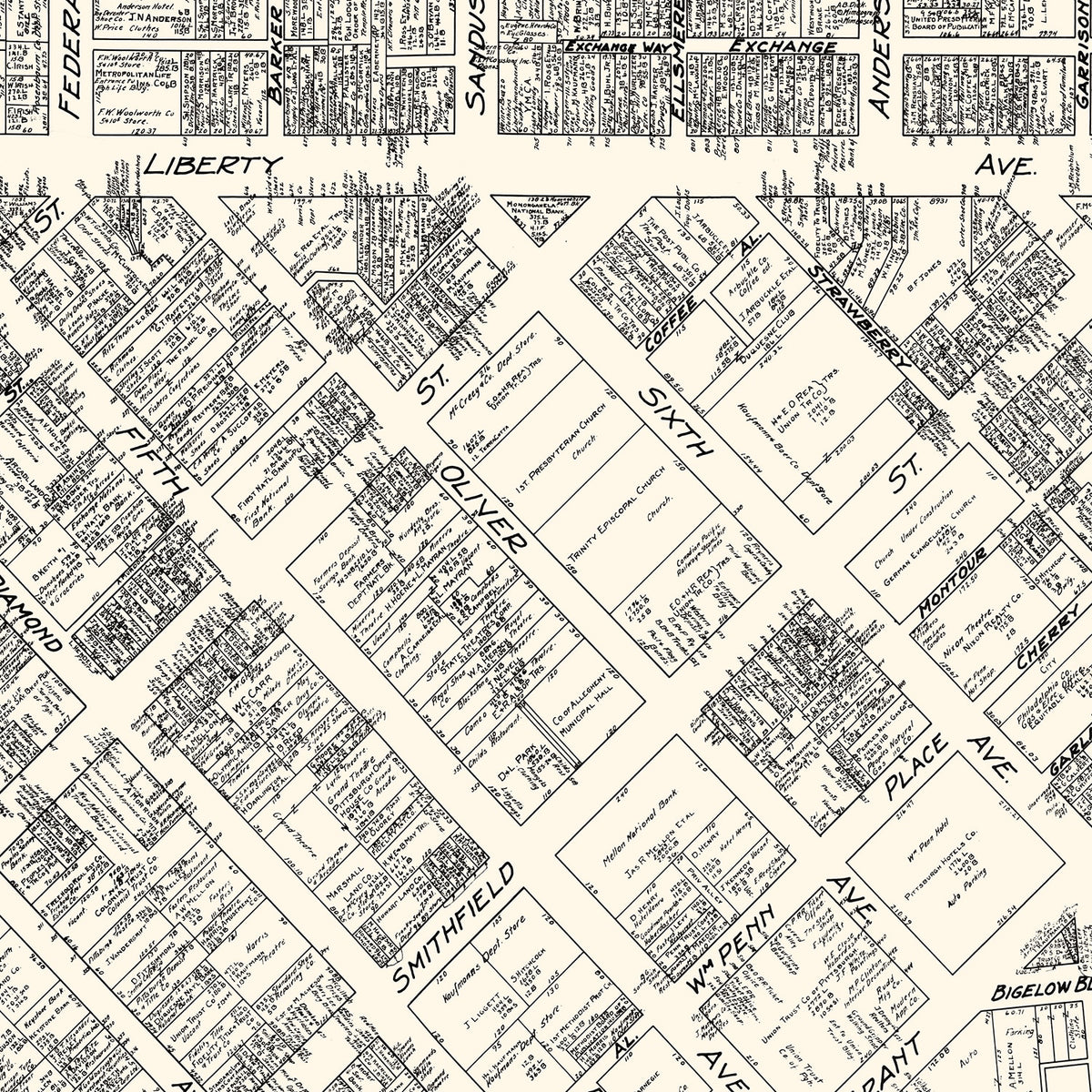 Restored historic details from the 1929 city map of Pittsburgh, Pennsylvania