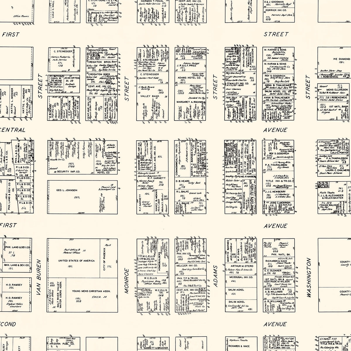 Restored historic details from the 1929 city map of Phoenix, Arizona