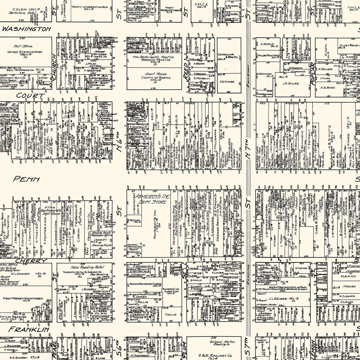 Restored historic details from the 1929 city map of Reading, Pennsylvania