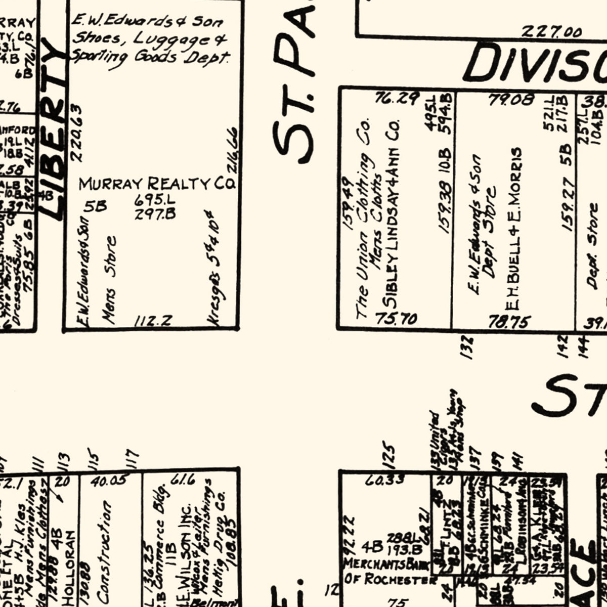 Restored historic details from the 1929 city map of Rochester, New York