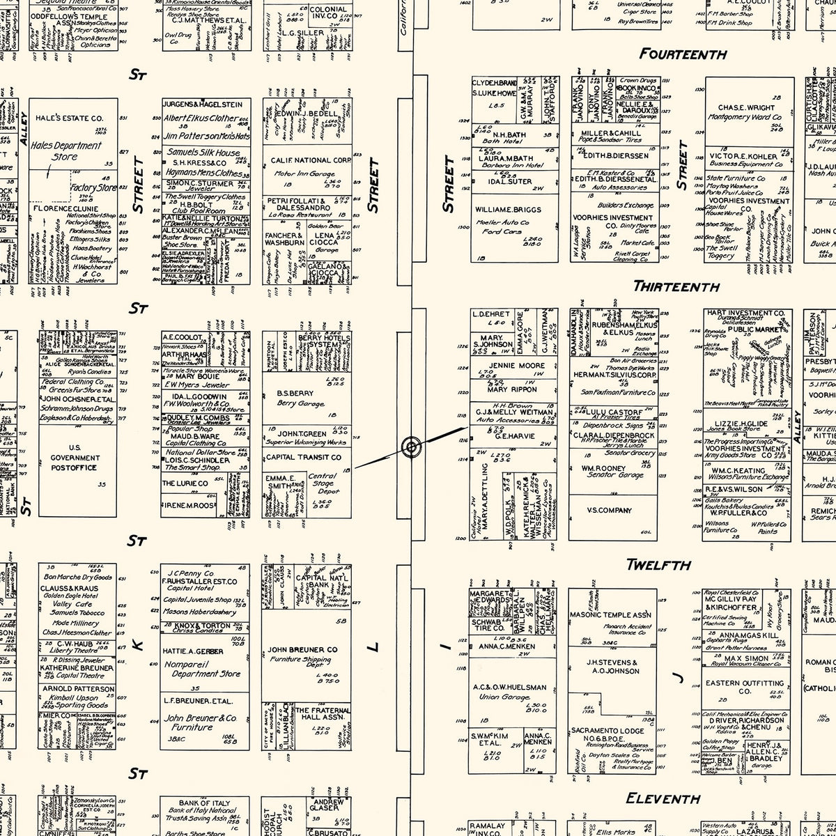Restored historic details from the 1929 city map of Sacramento, California