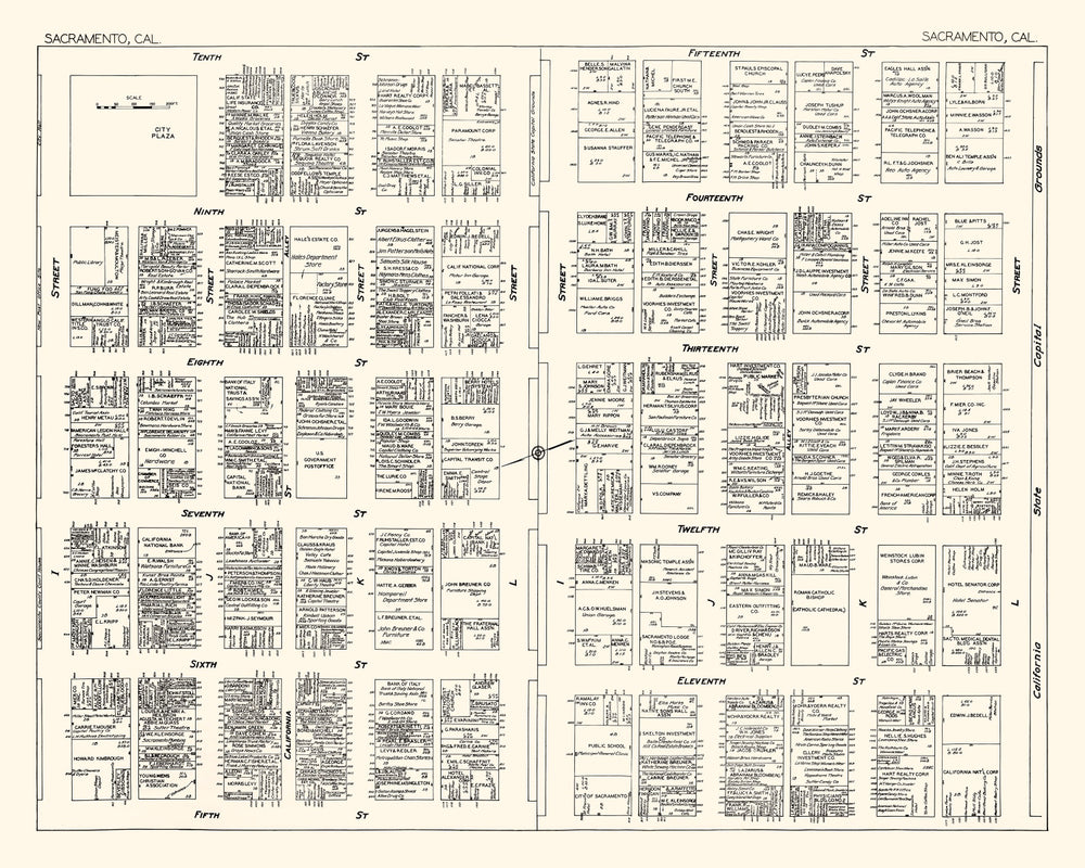 Vintage Map of Sacramento, CA Business Section 1929 print style example