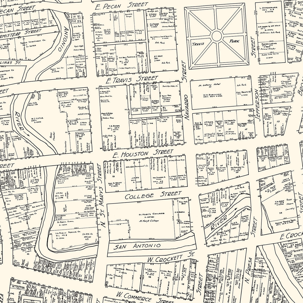 Restored historic details from the 1929 city map of San Antonio, Texas