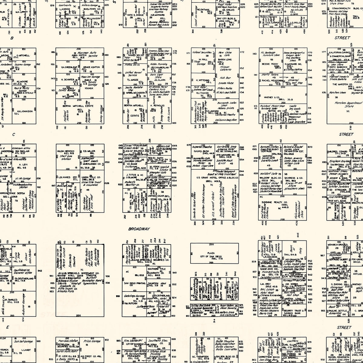Restored historic details from the 1929 city map of San Diego, California