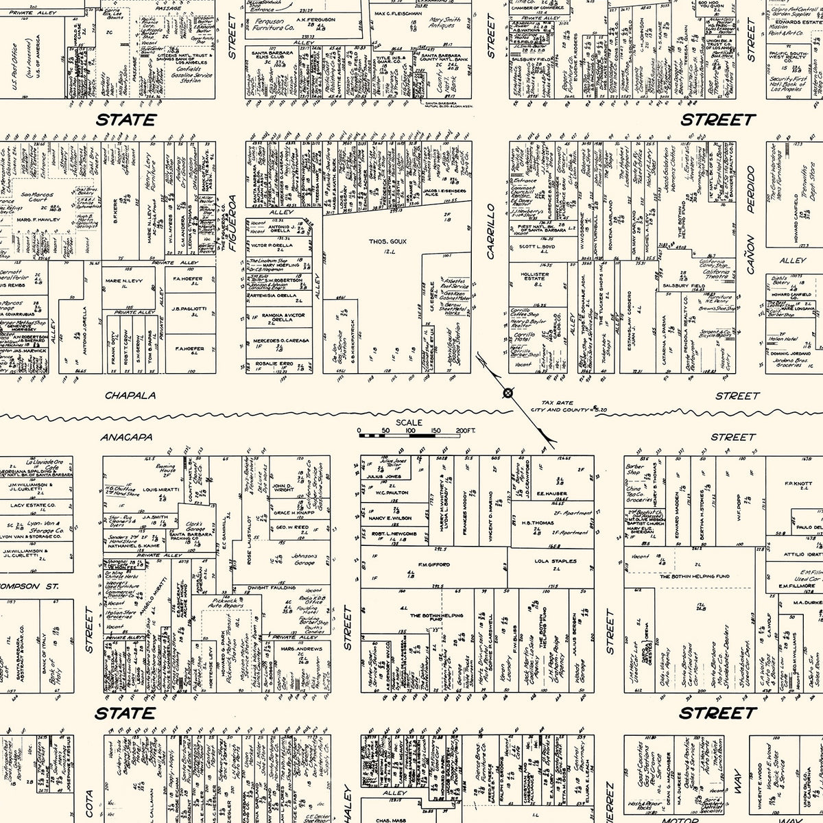 Restored historic details from the 1929 city map of Santa Barbara, California