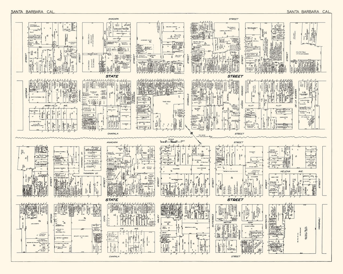 Preview of Vintage Map of Santa Barbara, CA Business Section 1929