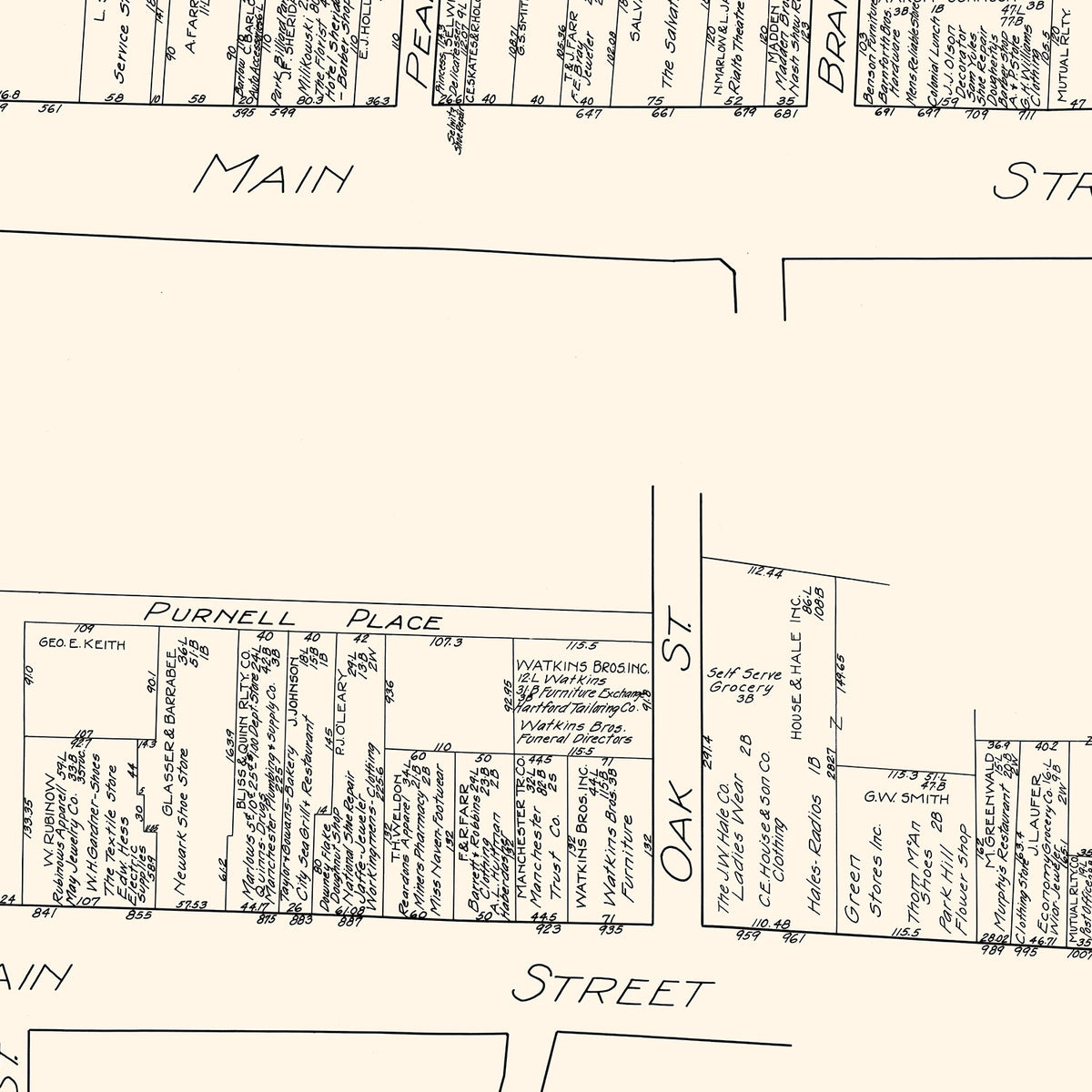 Restored historic details from the 1929 city map of South Manchester, Connecticut