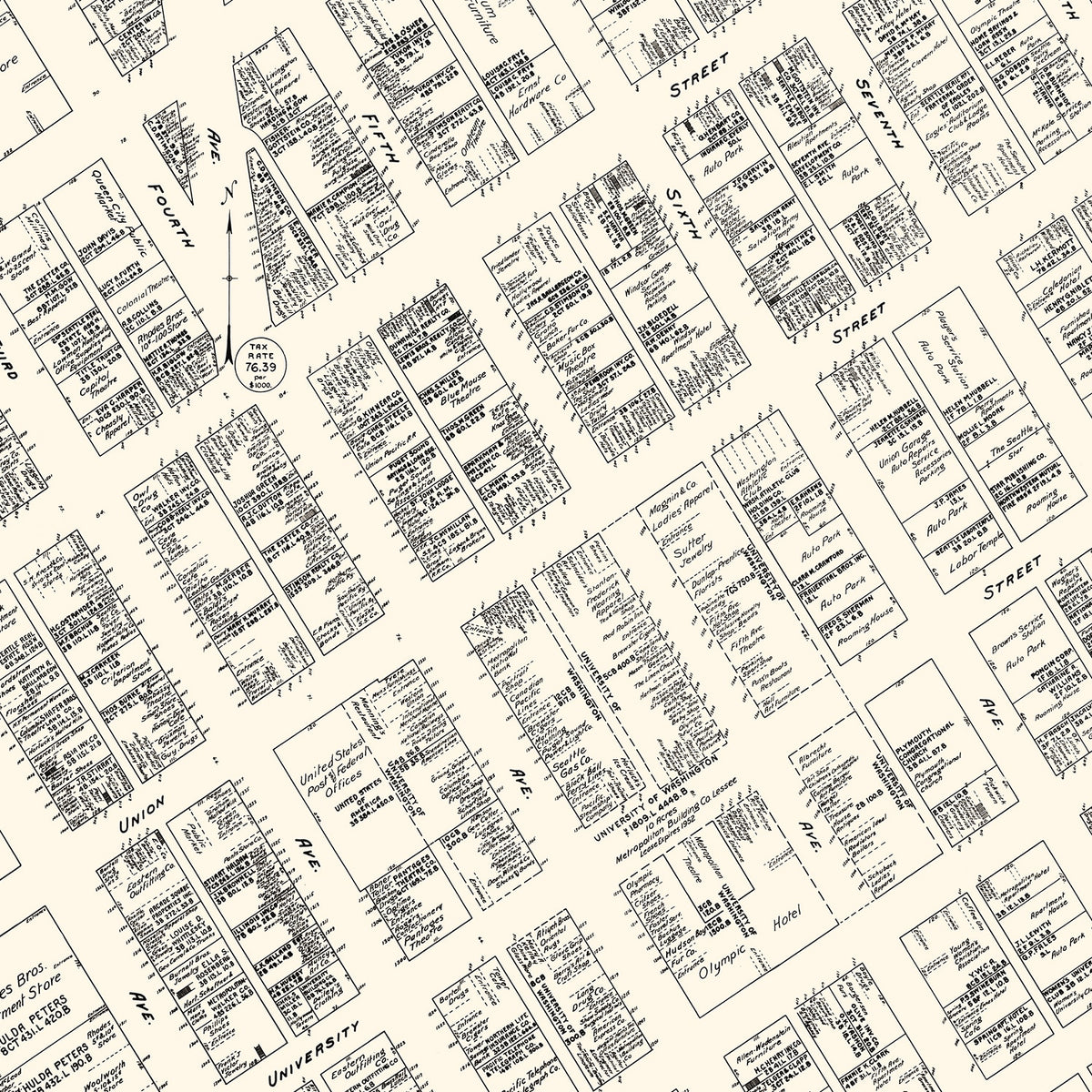 Restored historic details from the 1929 city map of Seattle, Washington