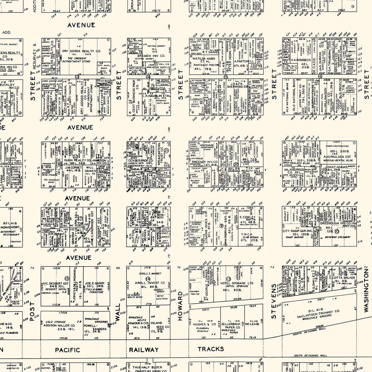 Restored historic details from the 1929 city map of Spokane, Washington