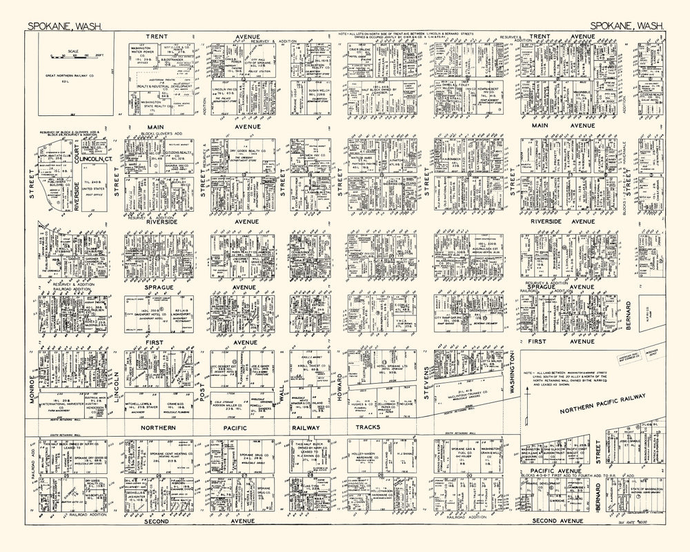 Vintage Map of Spokane, WA Business Section 1929 print style example
