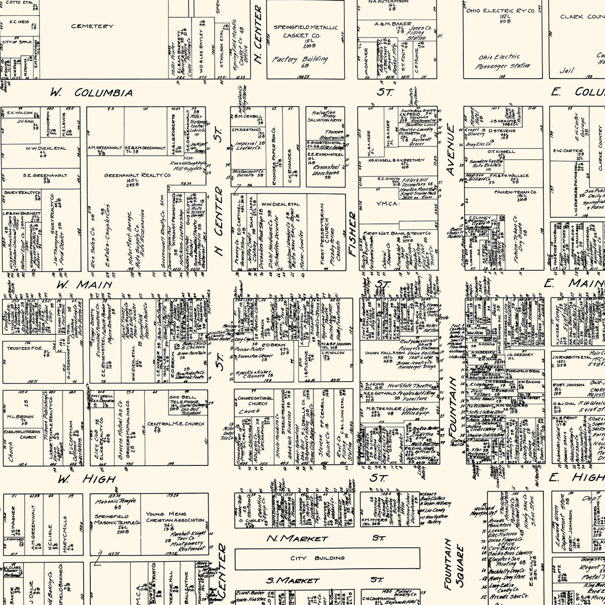 Restored historic details from the 1929 city map of Springfield, Ohio