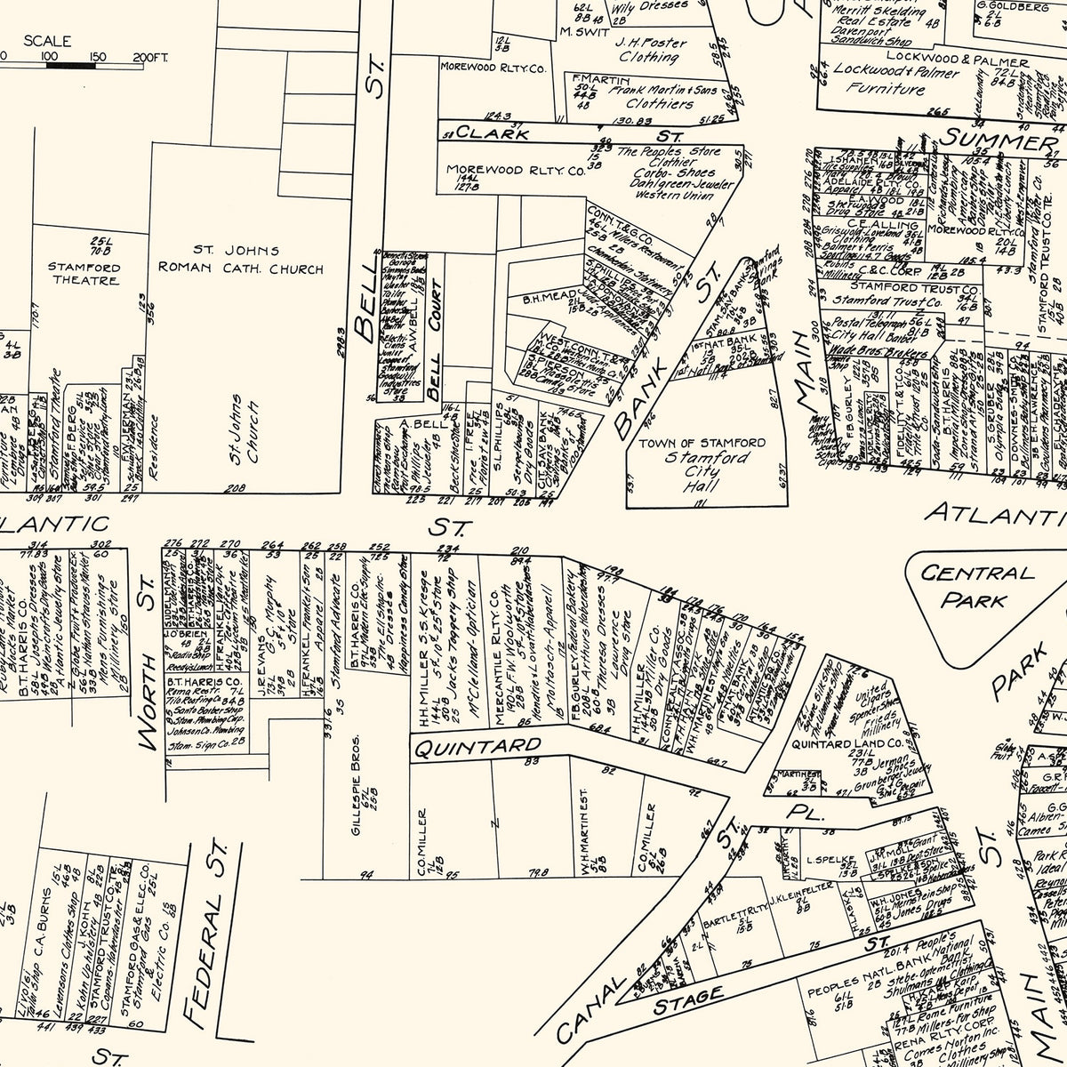 Restored historic details from the 1929 city map of Stamford, Connecticut