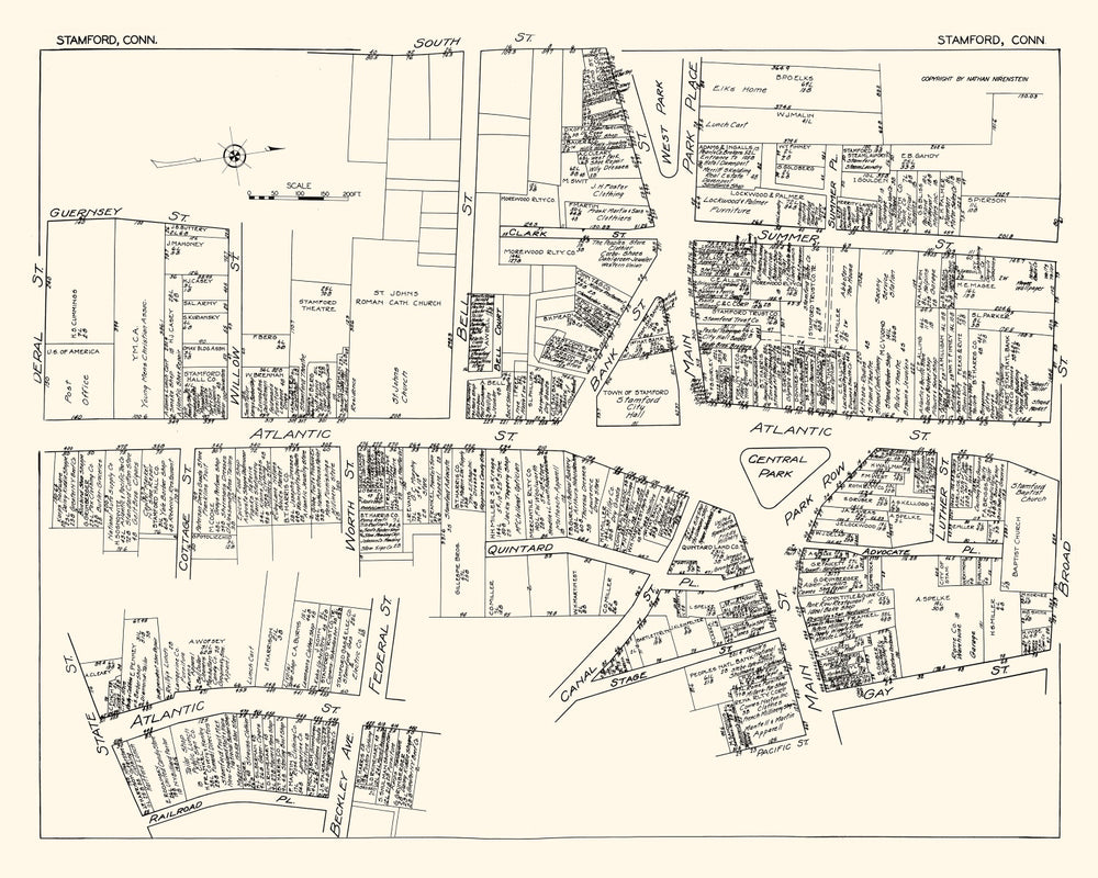 Vintage Map of Stamford, CT Business Section 1929 print style example