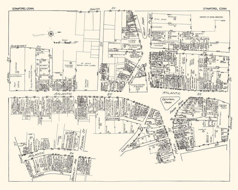 Size comparison using Vintage Map of Stamford, CT Business Section 1929