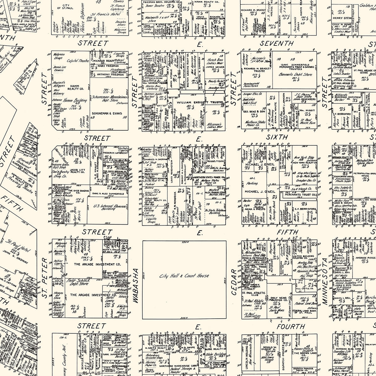 Restored historic details from the 1929 city map of St. Paul, Minnesota