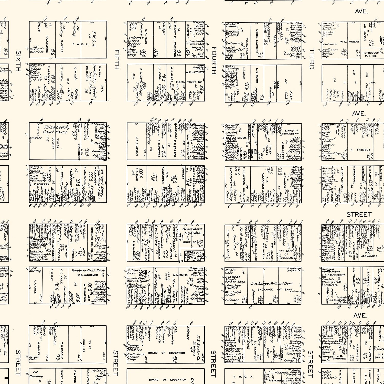 Restored historic details from the 1928 city map of Tulsa, Oklahoma