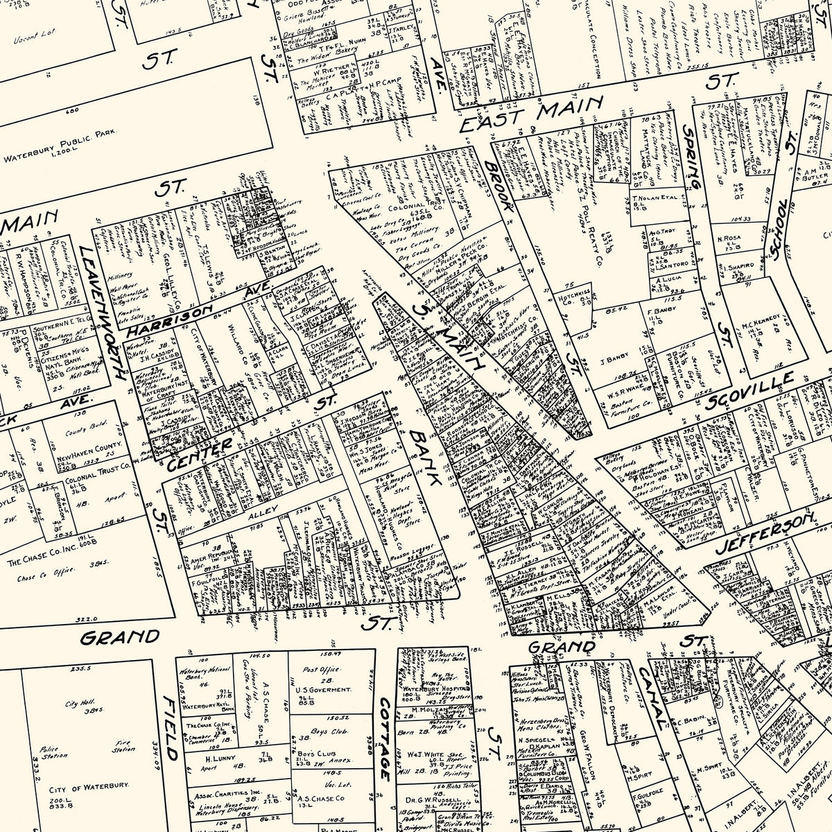 Restored historic details from the 1929 city map of Waterbury, Connecticut