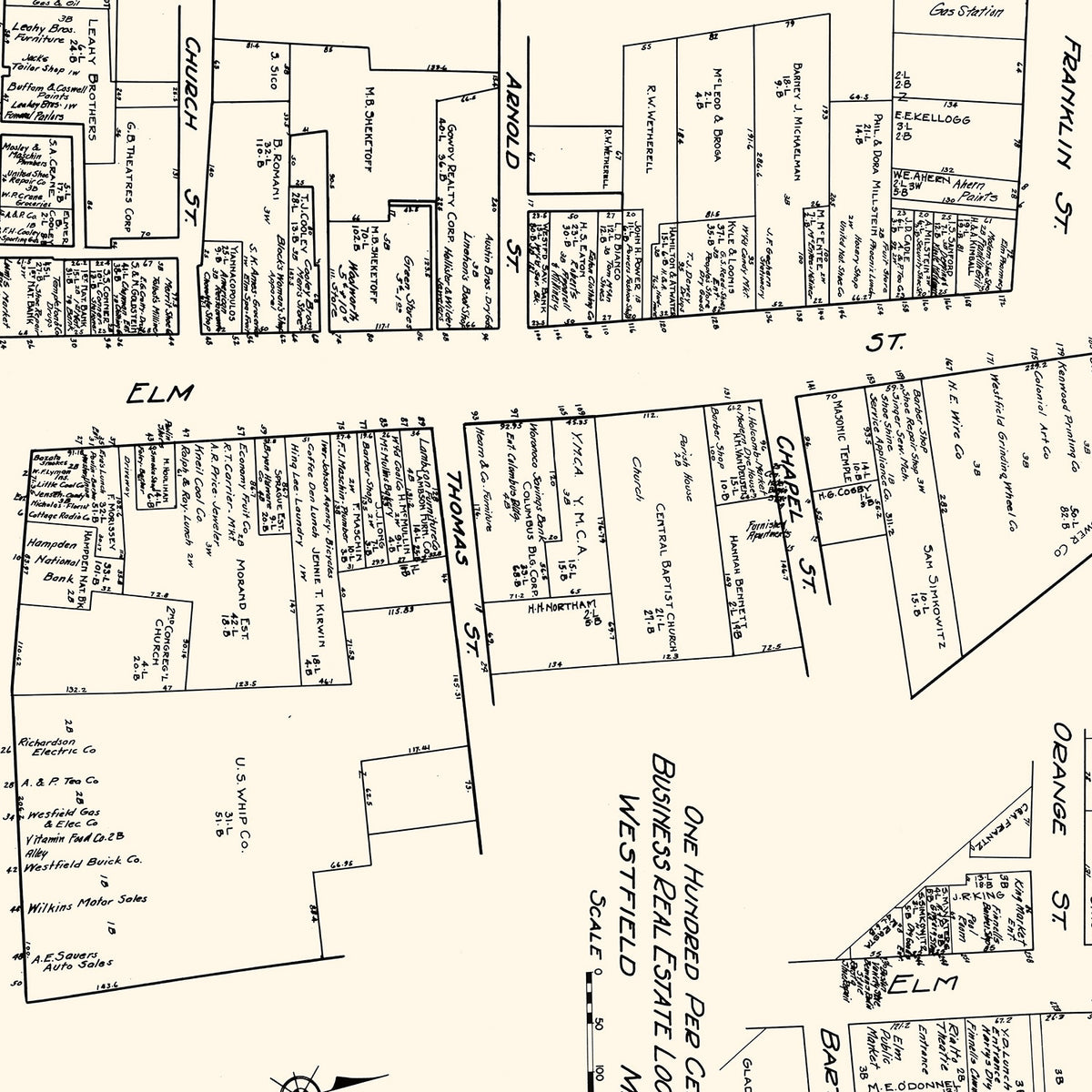 Restored historic details from the 1929 city map of Westfield, Massachusetts