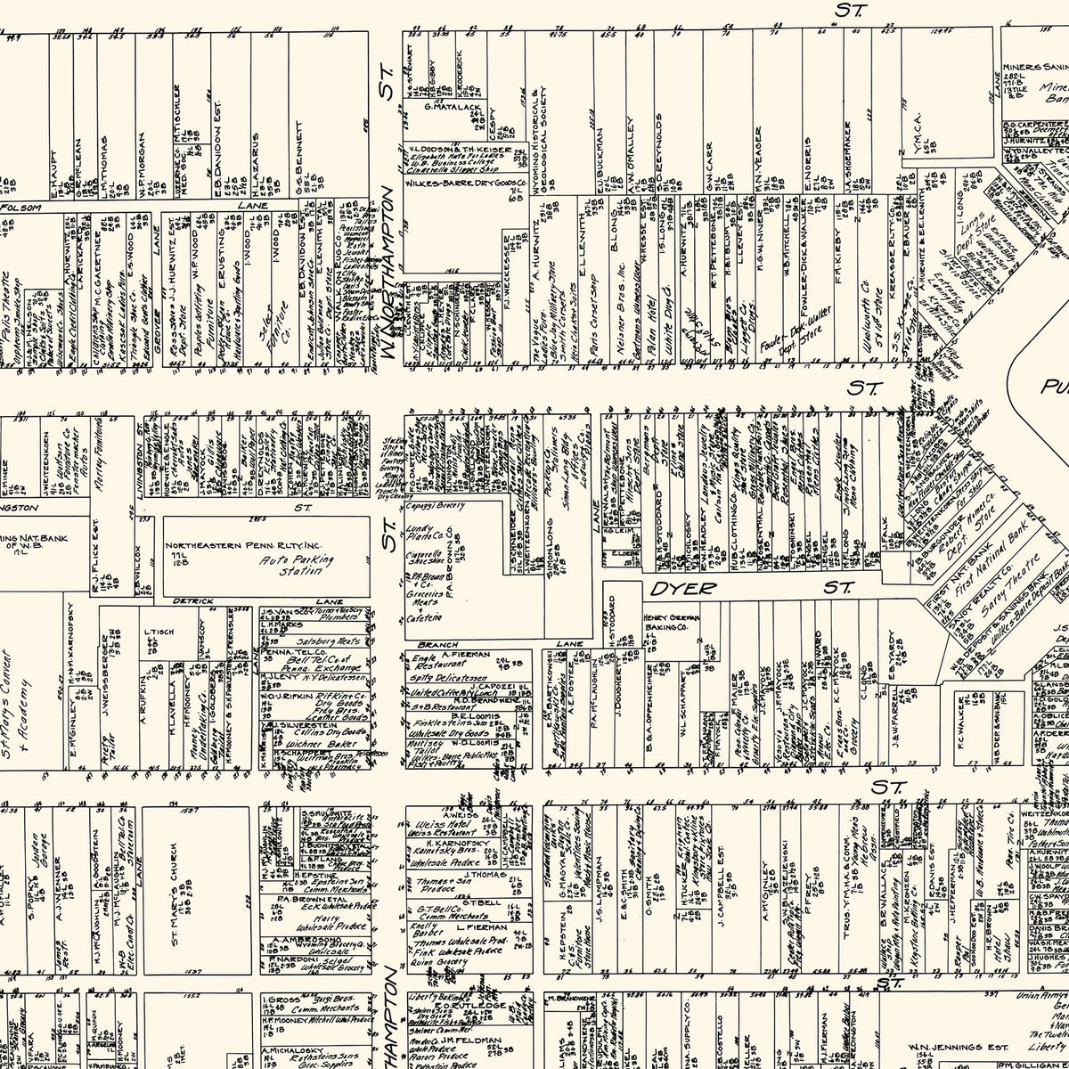 Restored historic details from the 1929 city map of Wilkes-Barre, Pennsylvania