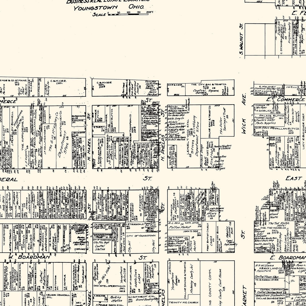 Restored historic details from the 1929 city map of Youngstown, Ohio