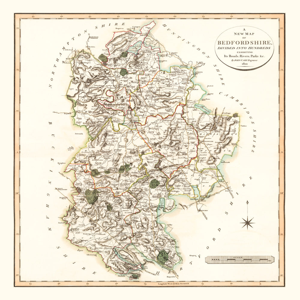 Vintage Map of Bedfordshire County England, 1801 print style example