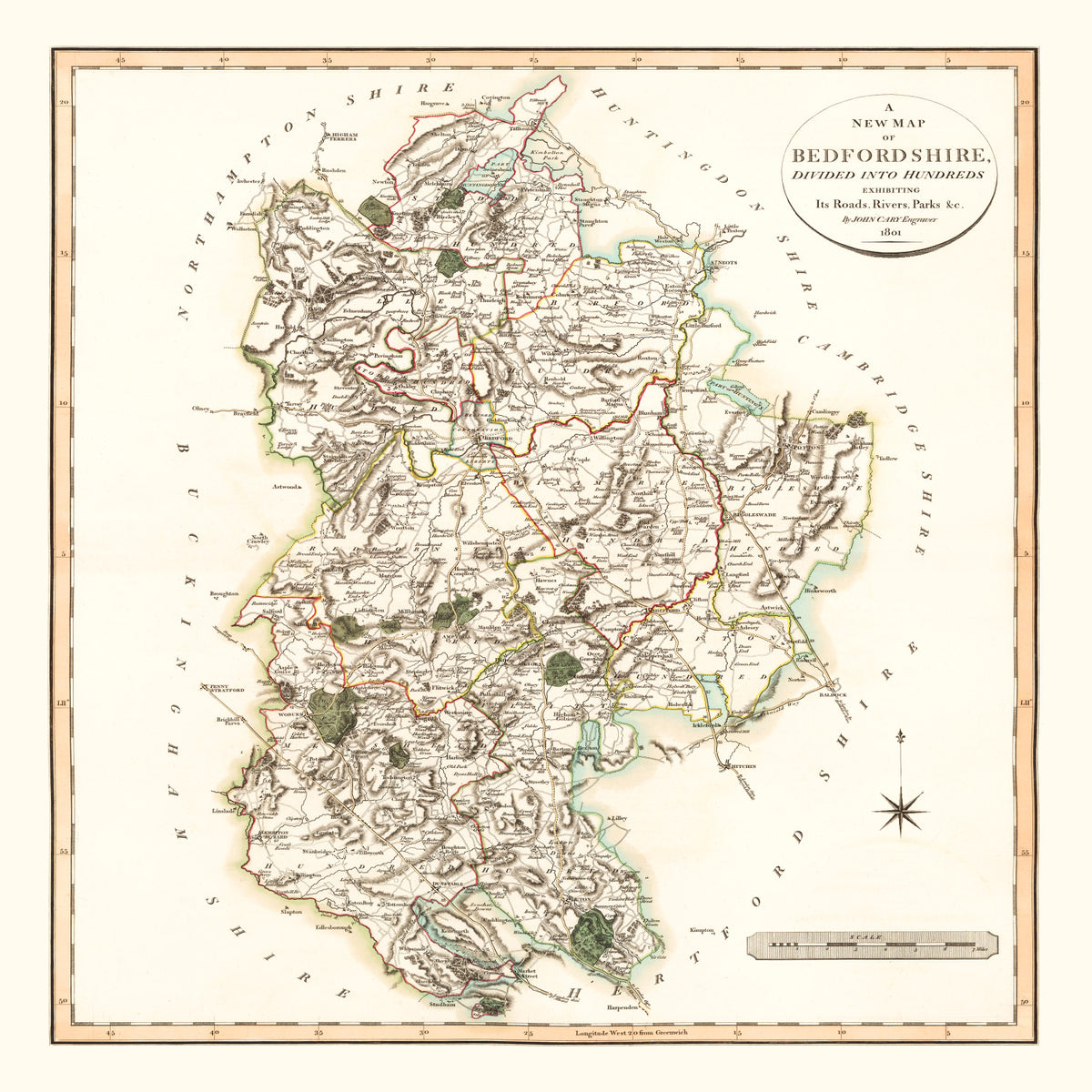 Preview of Vintage Map of Bedfordshire County England, 1801