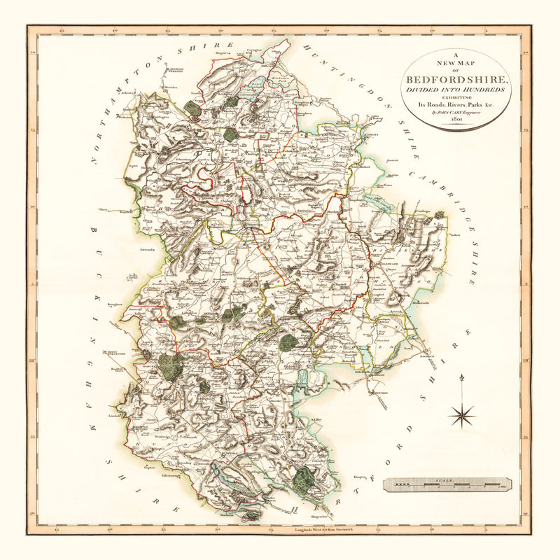 Size comparison using Vintage Map of Bedfordshire County England, 1801