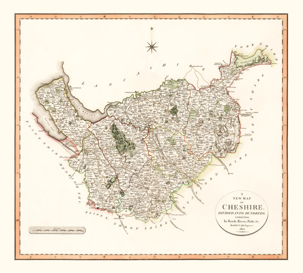 Vintage Map of Cheshire County England, 1808 print style example