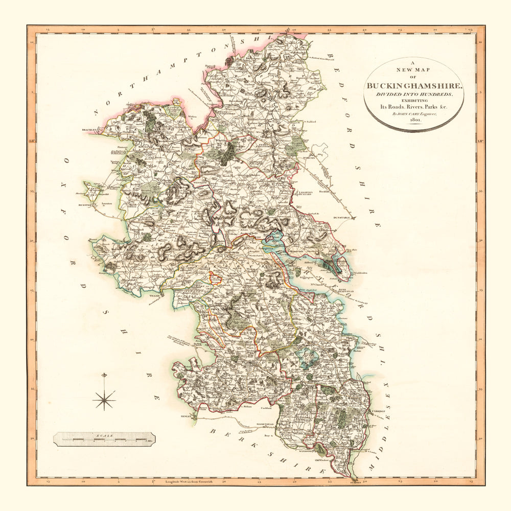 Vintage Map of Buckinghamshire County England, 1801 print style example