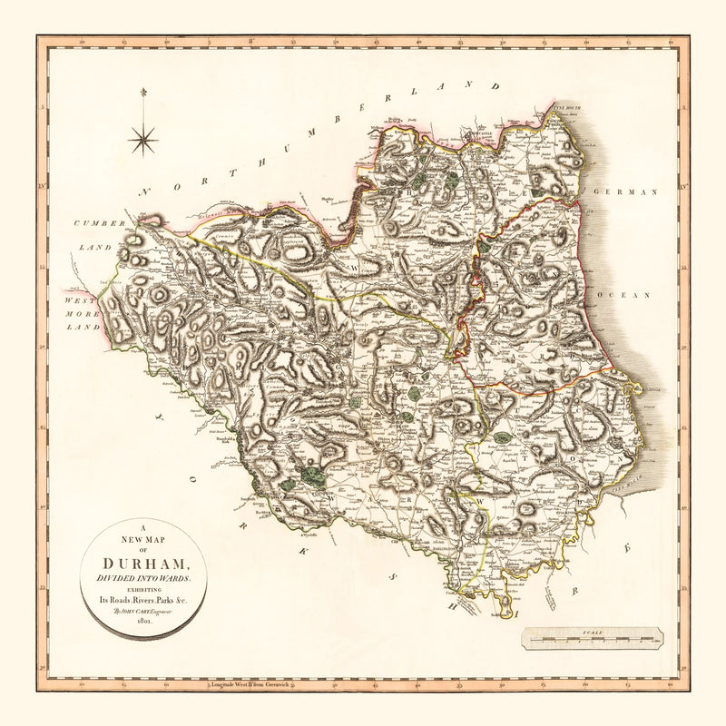Size comparison using Vintage Map of Durham County England, 1801