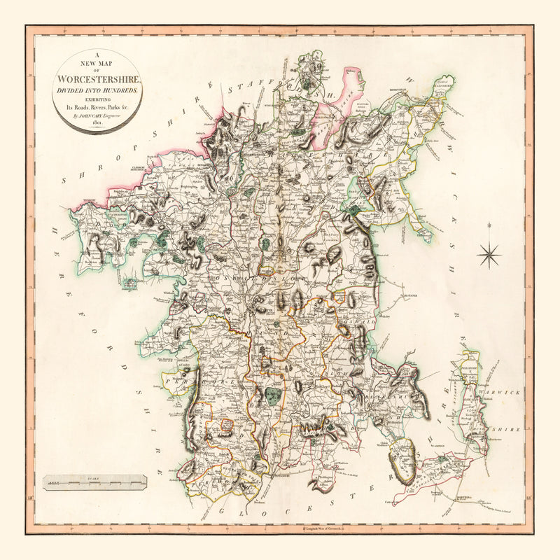 Size comparison using Vintage Map of Worcestershire County England, 1801