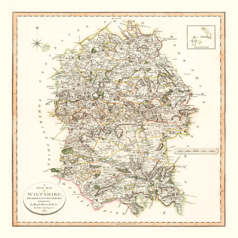 Vintage Map of Wiltshire County England, 1801 print style example