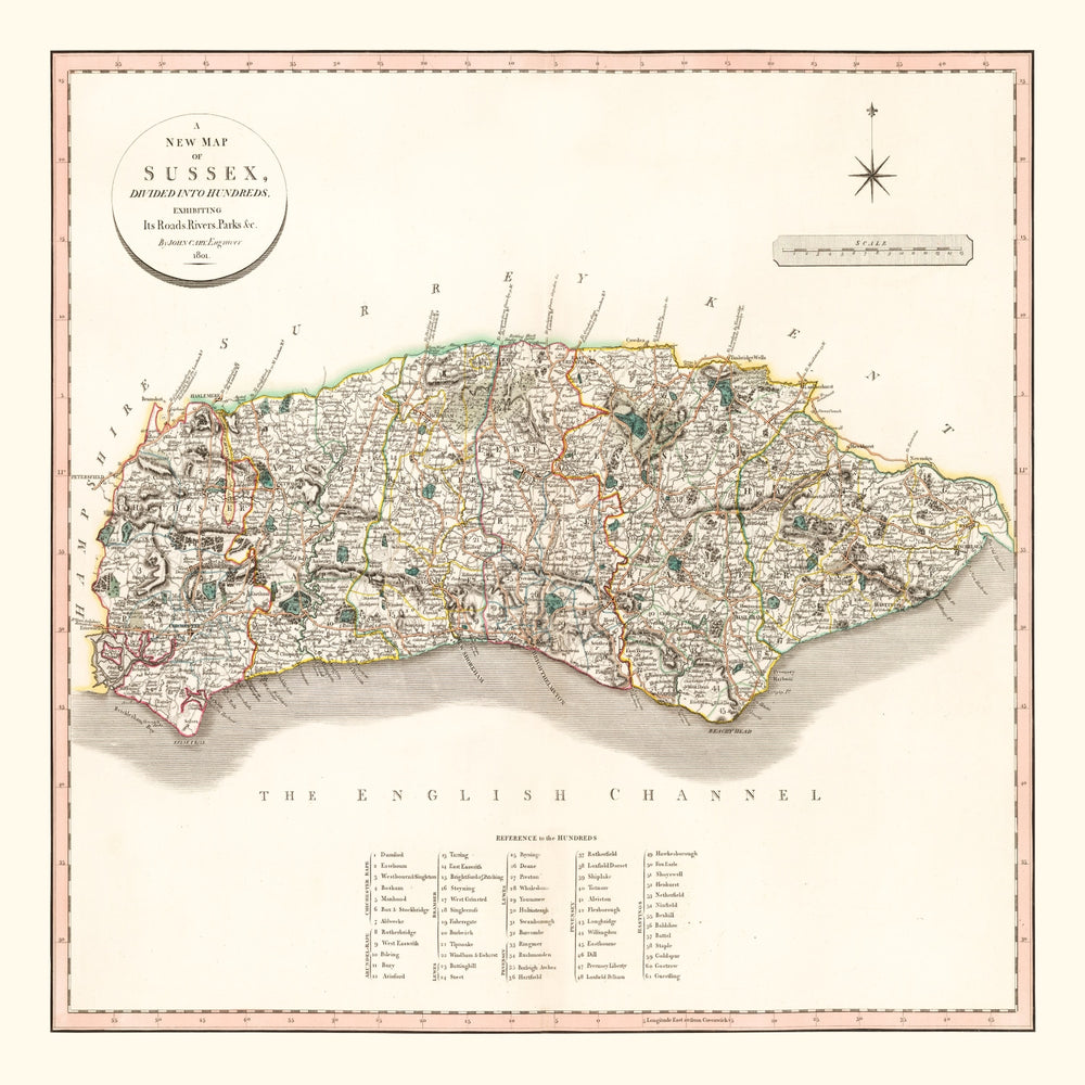 Vintage Map of Sussex County England, 1801 print style example